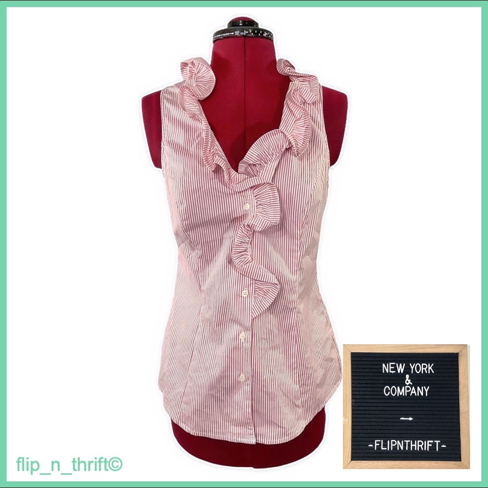 🏷NWT NY & Co. Pink Pinstripe Ruffle Blouse